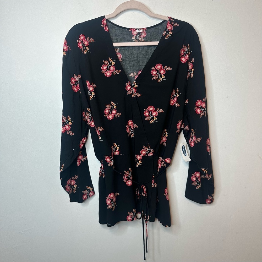 Old Navy Womens Plus XXL Black Floral Faux Wrap Blouse Long Sleeve Shirt Top NWT